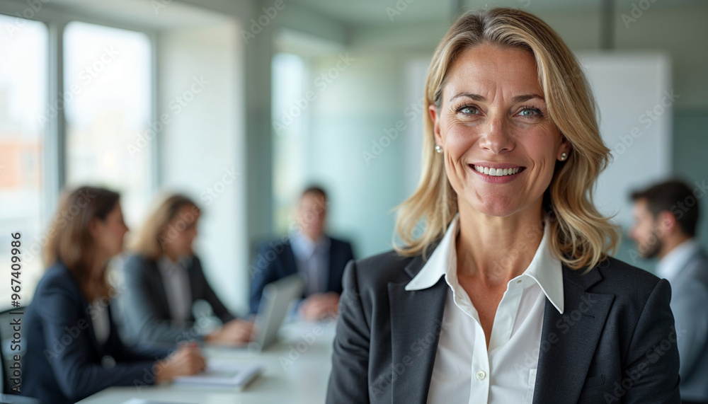 In a bright office, a confident businesswoman in formal attire stands out against a blurred meeting room.
In a bright office, a confident businesswoman in formal attire stands out against a blurred meeting room.