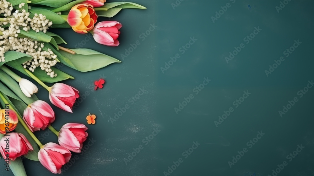 Frame of flat lay tulip flowers on chalkboard with text space, Teacher's day concept Frame of flat lay tulip flowers on chalkboard with text space, Teacher's day concept