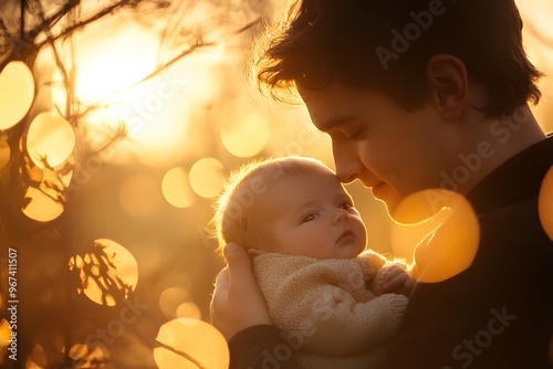 Vater bzw. Mutter mit Neugeborenem im goldenen Licht photo