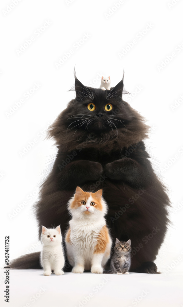 Playful family of fluffy cats, featuring a large black cat and its adorable kittens, posing together in a cute, surreal composition on a white background Playful family of fluffy cats, featuring a large black cat and its adorable kittens, posing together in a cute, surreal composition on a white background