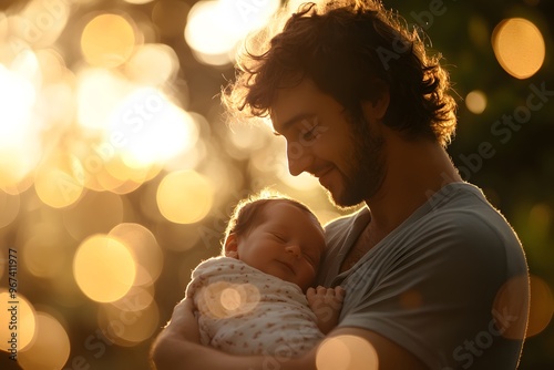 Vater bzw. Mutter mit Neugeborenem im goldenen Licht photo