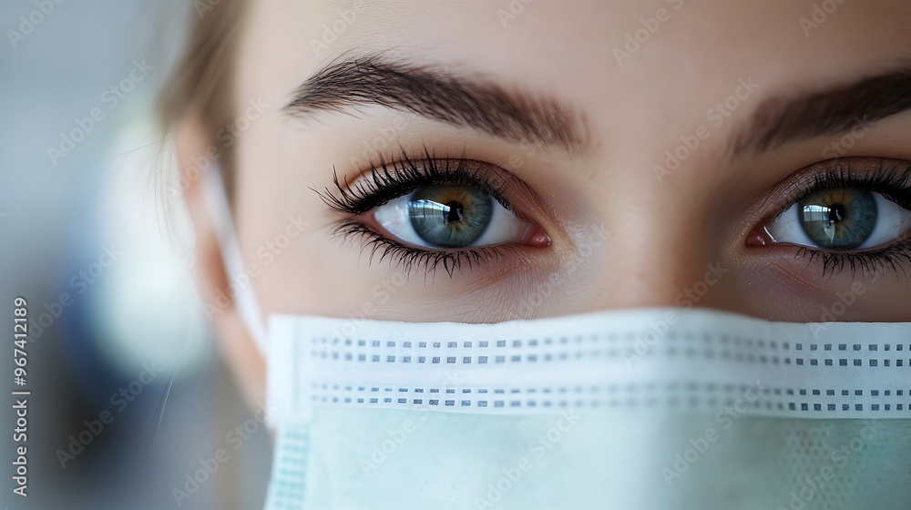 A close-up shot of a female healthcare worker wearing a surgical mask, her eyes showing determination and focus, with medical equipment blurred in the background A close-up shot of a female healthcare worker wearing a surgical mask, her eyes showing determination and focus, with medical equipment blurred in the background