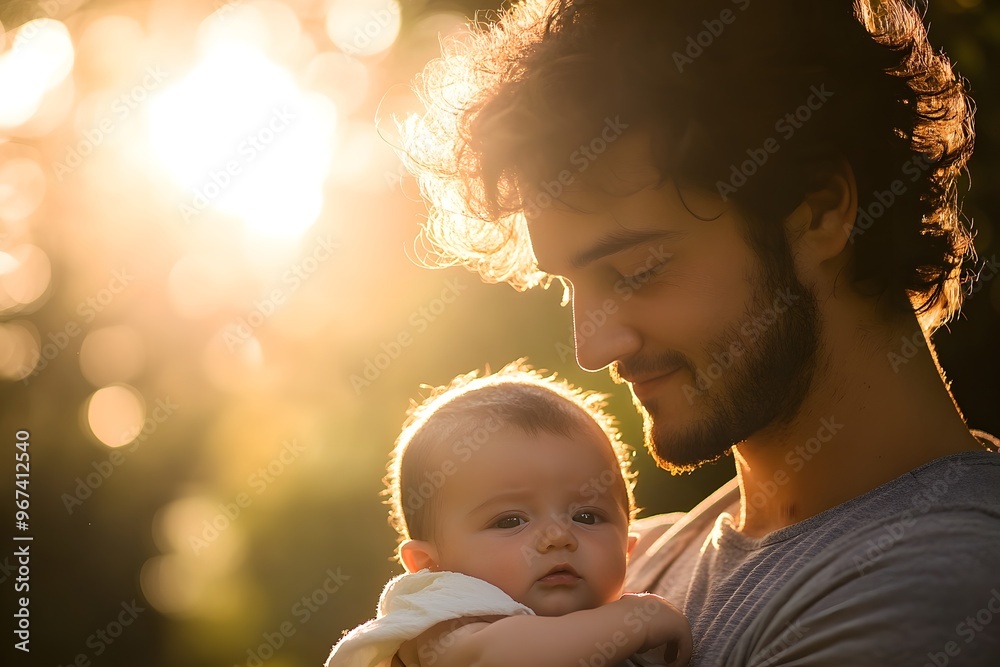 Vater bzw. Mutter mit Neugeborenem im goldenen Licht Vater bzw. Mutter mit Neugeborenem im goldenen Licht
