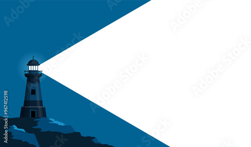 Lighthouse banner with light ray in dark blue and space for text. Beacon Sea coast or ocean beach rocks and lighthouse buildings. Flat minimal poster for marine ad, vector background