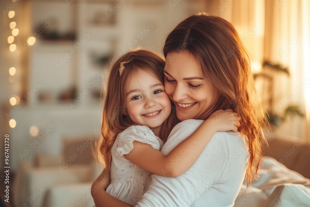 High-resolution brightly lit photorealistic candid photograph of a loving mother embracing her daughter in a beautifully lit living room. The photograph has a light, bright, and cheerful ambiance,