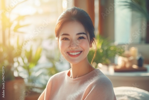 High-resolution brightly lit photorealistic photograph of a joyful presenter woman smiling warmly in a serene massage spa, exuding happiness. The image is styled like a high-end lifestyle magazine,