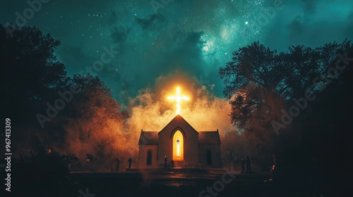 A church with a cross glowing from behind, illuminated by a miraculous light in the night sky, creating a scene of divine wonder.