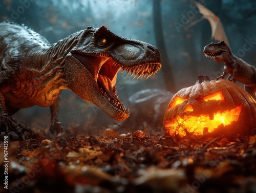 Spine-Chilling Prehistoric Halloween: Hyper-Realistic Dinosaur Party in Dark Forest