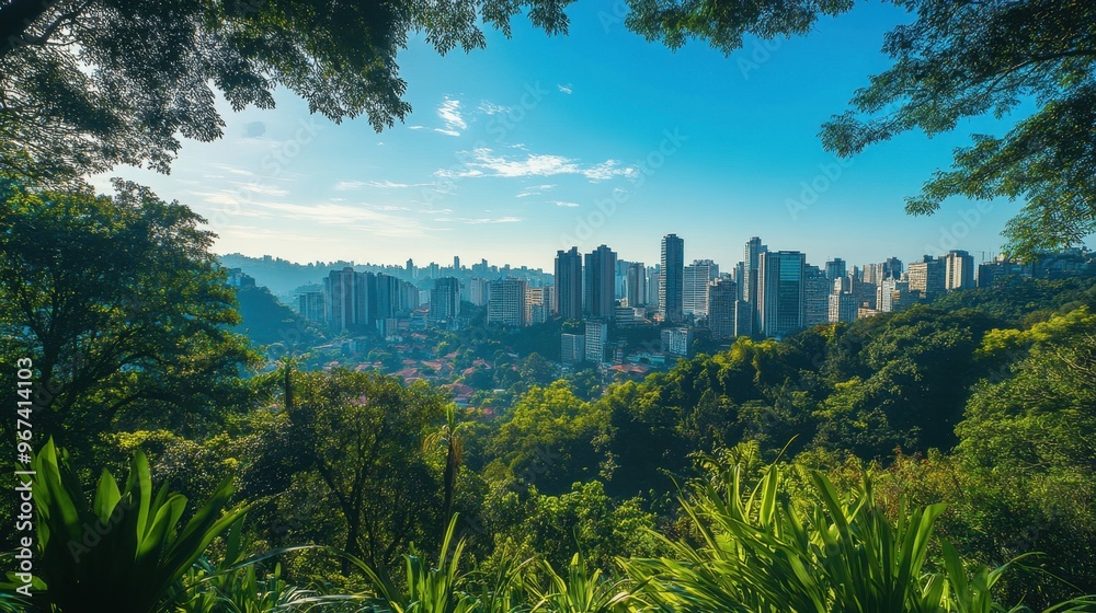 Fototapeta premium Wide-angle view of a stunning city skyline under a clear blue sky, surrounded by lush greenery, with clean air and natural beauty enhancing the urban landscape.