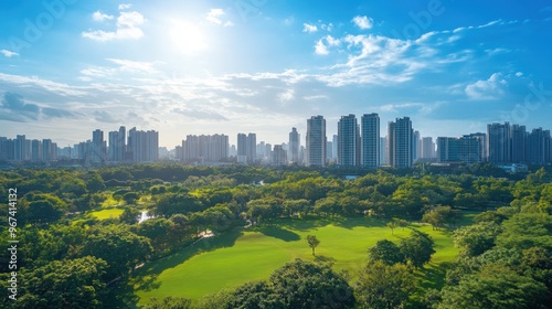 Wide-lens view of a vibrant city with clear skies and fresh air, framed by green parks and nature, offering a serene and clean urban environment.