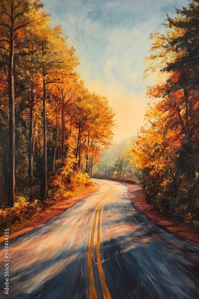 Fototapeta premium Oil painting depicting a scenic road surrounded by nature