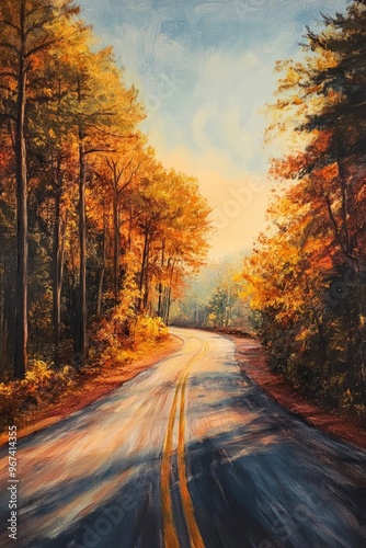 Oil painting depicting a scenic road surrounded by nature