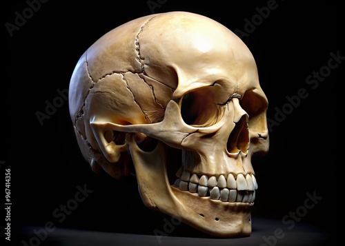 Label the internal and external features of a human skull, including cranium, frontal bone, parietal bones, occipital bone, temporal bones, mandible, orbit, nasal cavity, and foramen magnum.