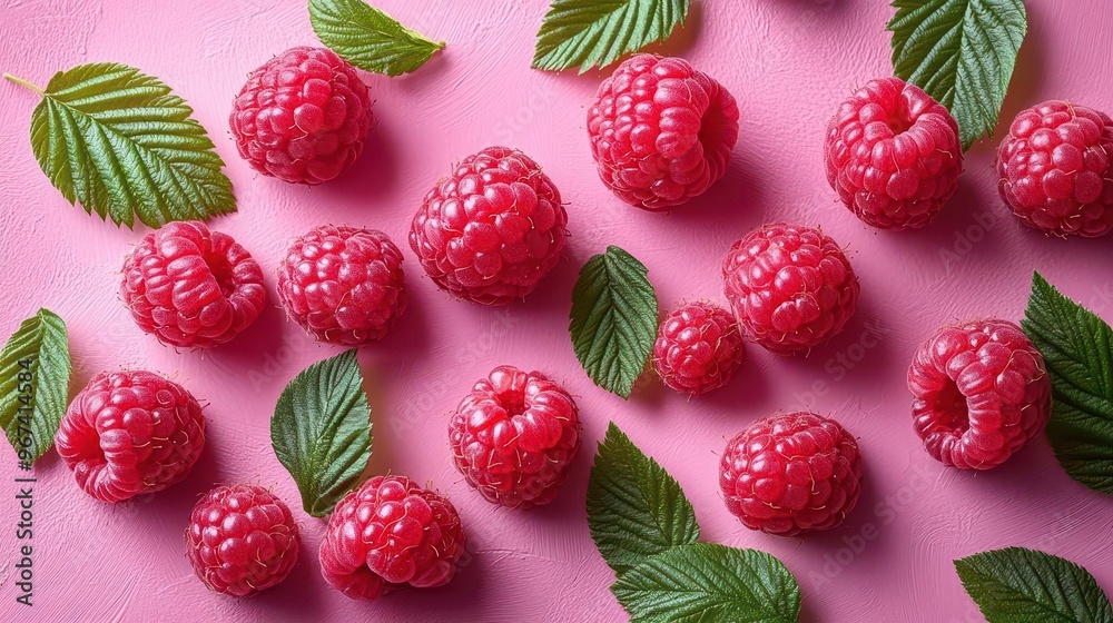 vibrant composition of plump raspberries scattered on pink background contrasting with fresh green leaves