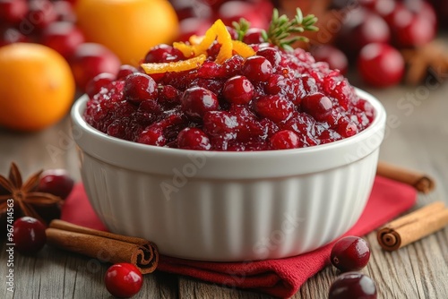 vibrant cranberry relish in a white ceramic bowl fresh cranberries orange zest and cinnamon sticks scattered around rustic wooden table background with a festive red napkin