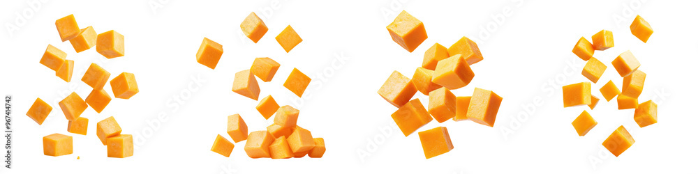 Four piles of diced orange cubes arranged against a transparent background. Perfect for food, ingredient, or cooking-related designs. Four piles of diced orange cubes arranged against a transparent background. Perfect for food, ingredient, or cooking-related designs.