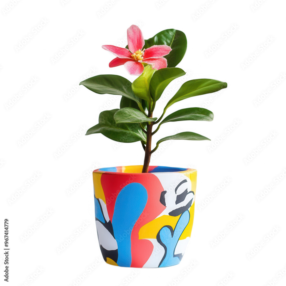 A colorful potted plant with a pink flower, showcasing artistic design. A colorful potted plant with a pink flower, showcasing artistic design.