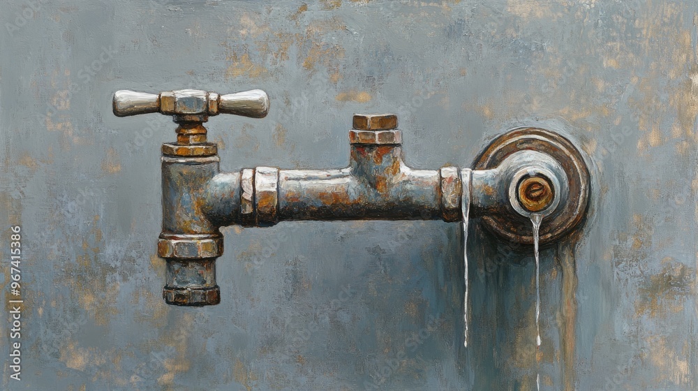 Oil painting depicting a water tap illustrating its function as a device for drawing liquid from a source with related terms such as hydrant faucet and spigot Oil painting depicting a water tap illustrating its function as a device for drawing liquid from a source with related terms such as hydrant faucet and spigot