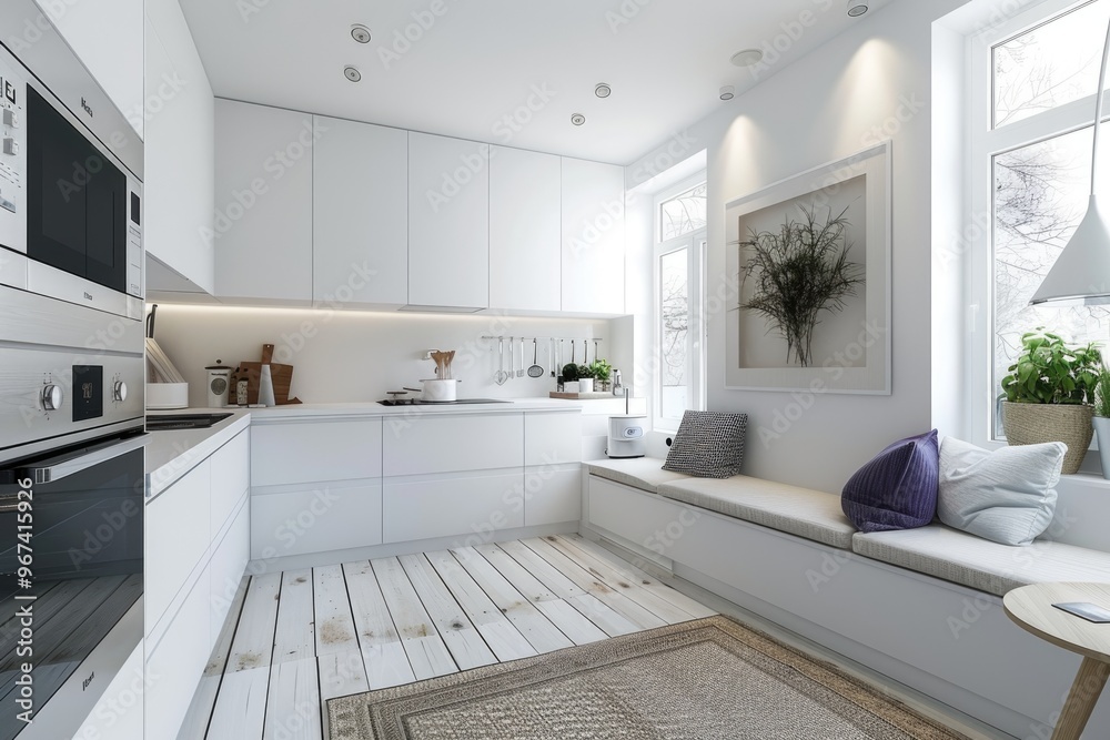 Minimal white kitchen with cozy seating and elegant design Minimal white kitchen with cozy seating and elegant design