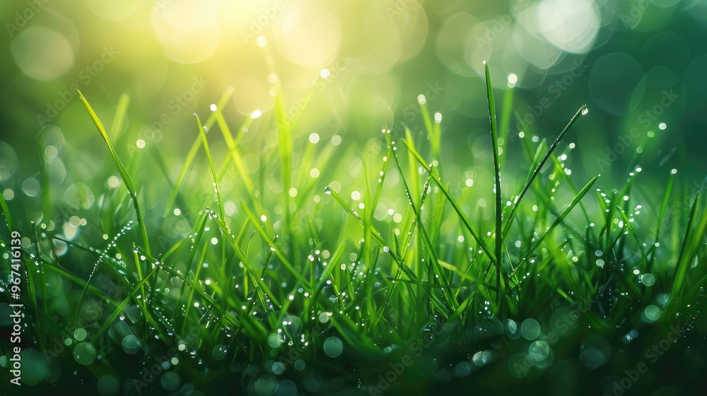 Obraz premium Close up view of dew covered green grass in spring morning meadow