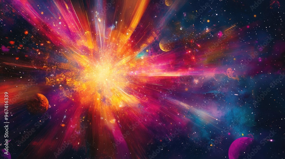 Vibrant cosmic art illustration featuring a colorful nebula with rays stars shapes lines and symbols A stylish multi layered composition perfect for a space themed backdrop Vibrant cosmic art illustration featuring a colorful nebula with rays stars shapes lines and symbols A stylish multi layered composition perfect for a space themed backdrop