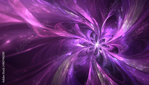 Abstract violet background featuring a line art illustration of a fractal explosion star with glossy elements and dynamic lines