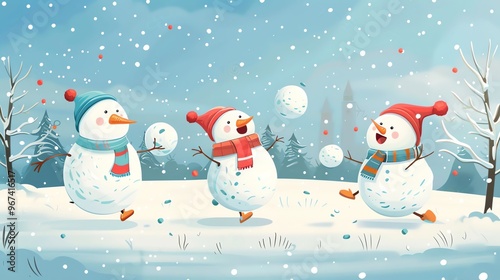 Three cartoon snowmen are playing snowball fight in the winter. photo