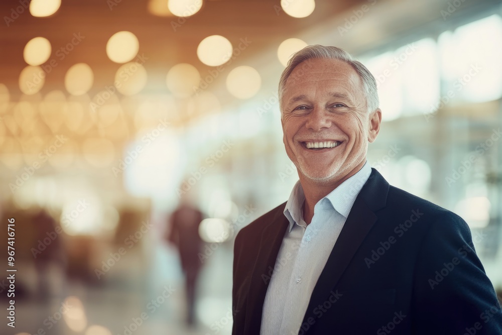 High-resolution brightly lit photorealistic candid photograph of a smiling senior businessman styled like a high-end lifestyle magazine. The light, happy ambiance reflects his joy. High-resolution brightly lit photorealistic candid photograph of a smiling senior businessman styled like a high-end lifestyle magazine. The light, happy ambiance reflects his joy.