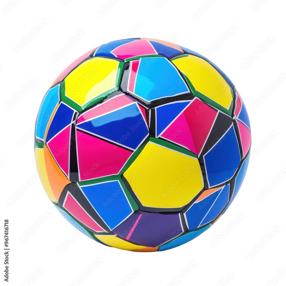 Obraz premium A colorful soccer ball featuring geometric patterns in vibrant hues for recreational play.