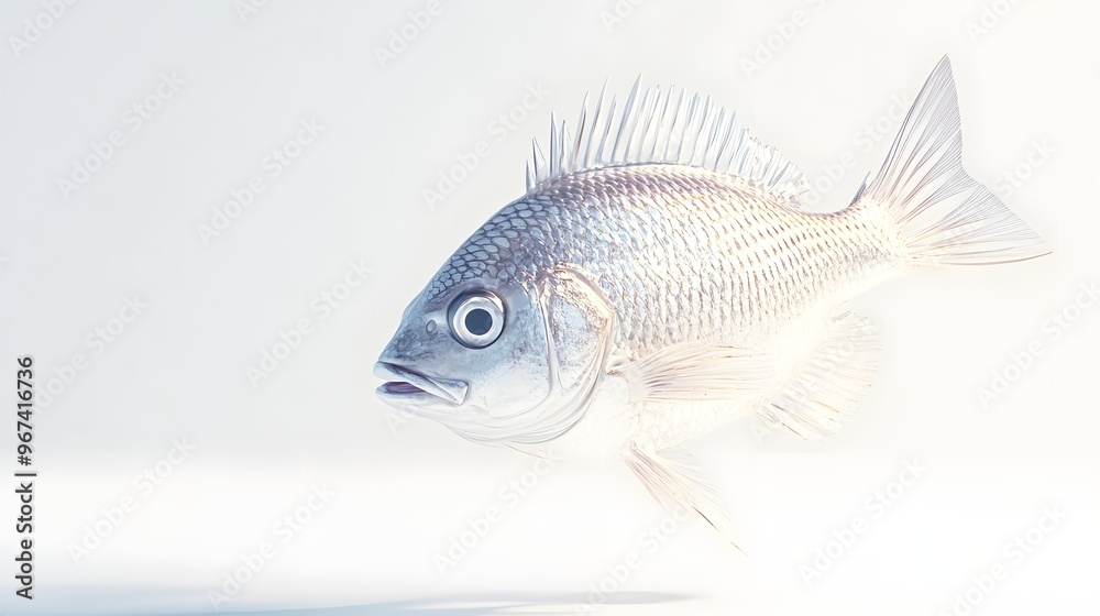 40. **A 3D render of a fresh sea bream falling, its shiny scales and body details visible against a clean white background 40. **A 3D render of a fresh sea bream falling, its shiny scales and body details visible against a clean white background
