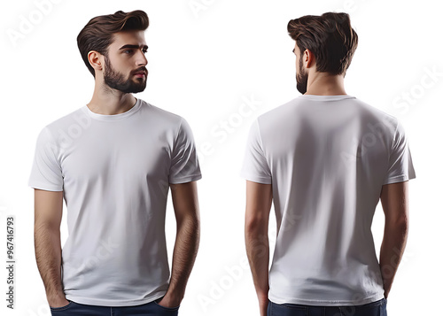 A male model in a white blank t-shirt, showing both front and back views in a split-screen format, perfect for apparel design presentations