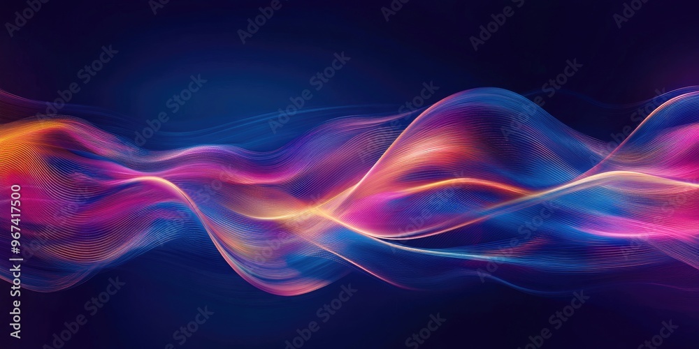 Abstract line art illustration featuring blurred wavy colorful lines on a deep blue backdrop
