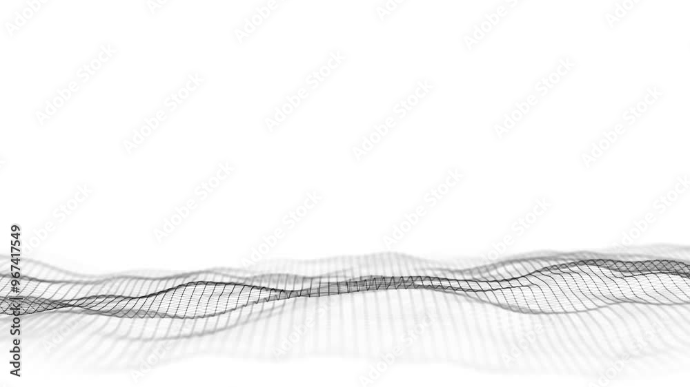 Abstract wave with black points and lines on white background. Science background with moving dots. Network connection technology. Digital structure with particles. 3d rendering.