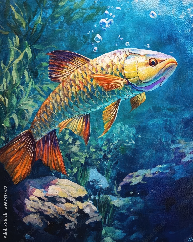 Fototapeta premium Oil painting depicting an Arowana fish set against an aquarium backdrop showcasing its vibrant colors and aquatic environment