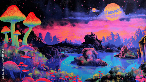 A black light poster, psychedelic landscape in the style of rainbow colors, 70s style