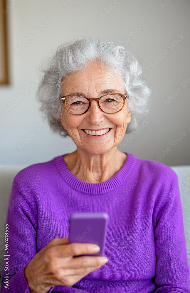 An elderly woman with silver hair, wearing glasses and a purple outfit, is sitting on the sofa in front of her phone, smiling happily An elderly woman with silver hair, wearing glasses and a purple outfit, is sitting on the sofa in front of her phone, smiling happily