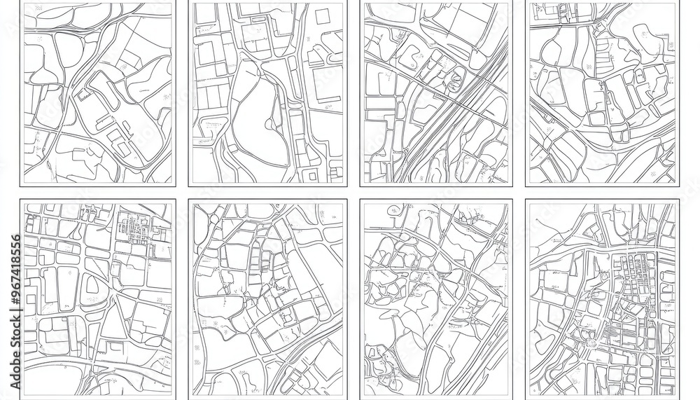 Line art illustration of black and white maps set featuring various cities Outline design of urban layouts Line art illustration of black and white maps set featuring various cities Outline design of urban layouts