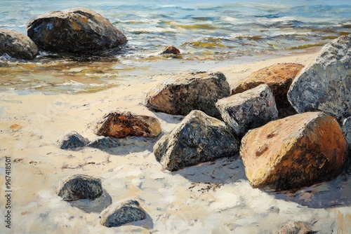 Oil painting depicting coastal rocks on a beach by the sea showcasing natural textures and earthy tones