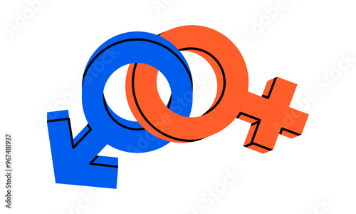 Hand drawn cute cartoon illustration of male and female gender sign. Flat vector men and women symbol sticker doodle. Struggle for rights and equality icon or print. Heterosexual couple sign. Isolated