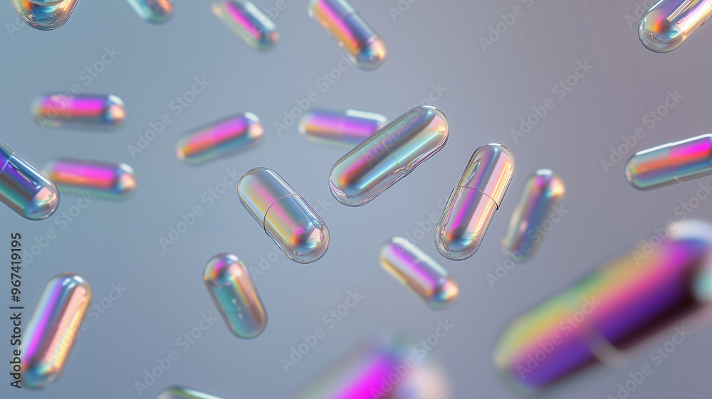 Silver capsules spread out in the air