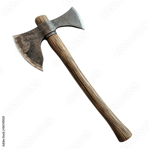 A beautifully crafted axe with a wooden handle resting on a pristine white background