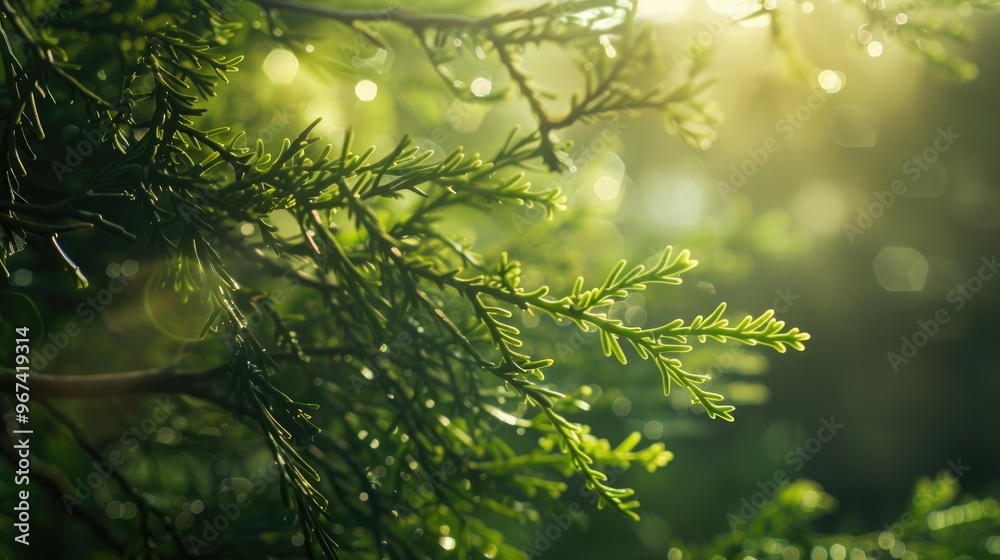 Closeup image of Cypress tree branch with selective focus and dark moody effect on a sunny day Closeup image of Cypress tree branch with selective focus and dark moody effect on a sunny day