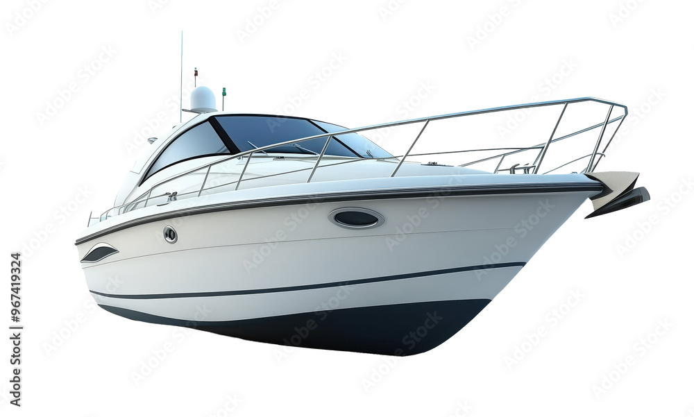 Elegant white boat floating gracefully on a clean surface, evoking serene moments of adventure Elegant white boat floating gracefully on a clean surface, evoking serene moments of adventure