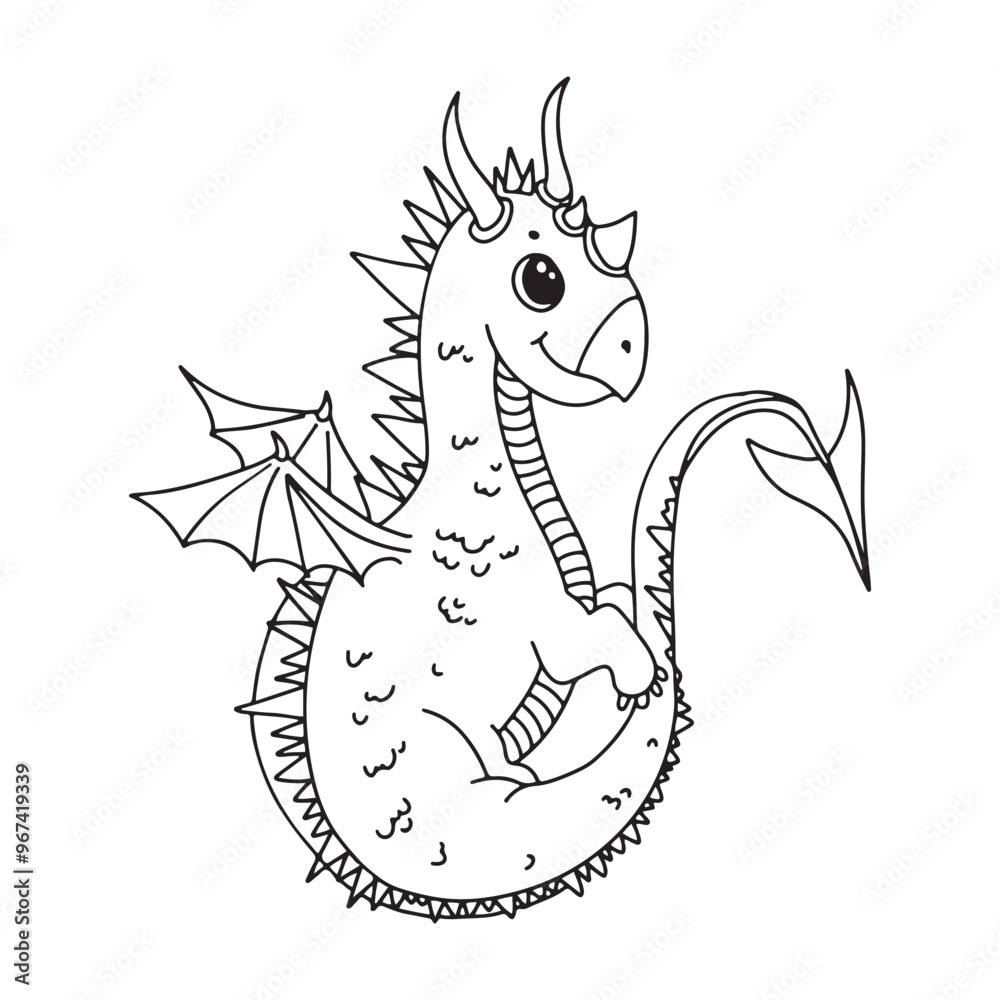 Naklejka premium Cute dragon in cartoon style. Fairy tale animal. fantasy Myth. Character of fairy tales. Lizard Coloring book, vector illustration on a white background