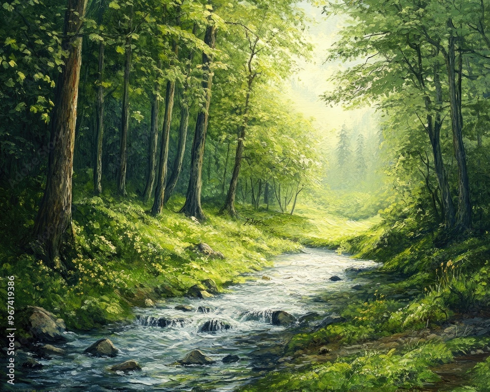 Obraz premium Oil painting depicting a lush green forest with a flowing stream illustrating the beauty of nature and environmental preservation