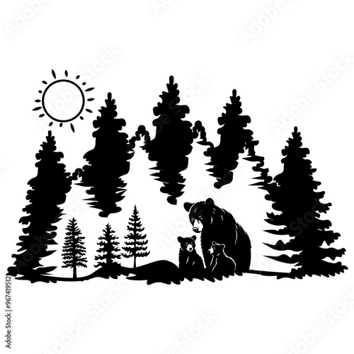 Mama Bear and Cubs in Forest, Hand Drawn Vector Illustration