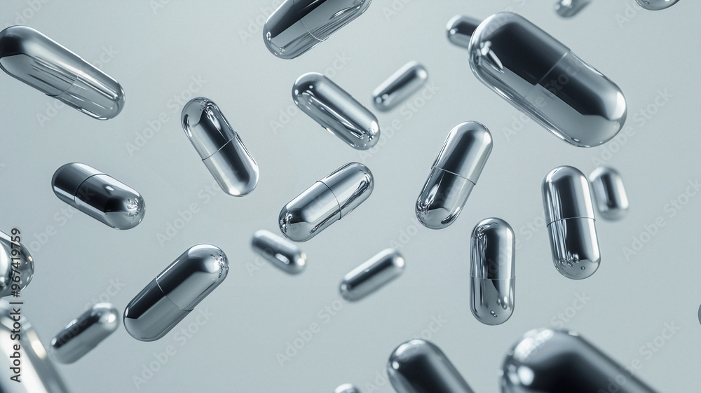 Silver capsules spread out in the air Silver capsules spread out in the air