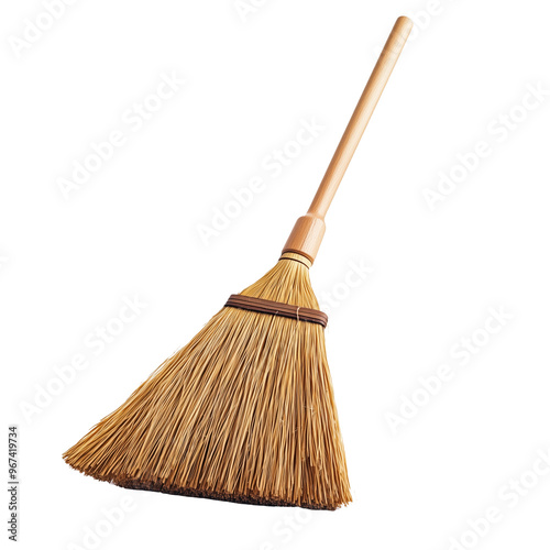 A clean broom stands tall on a pure white background, ready for chores or creative decorating