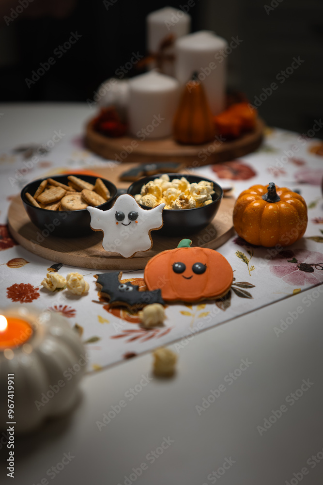 Gorgeous Halloween cookies with pumpkin, ghost, and bat shapes. Elegantly adorned and temptingly delicious, bathed in a warm, haunting light. Gorgeous Halloween cookies with pumpkin, ghost, and bat shapes. Elegantly adorned and temptingly delicious, bathed in a warm, haunting light.