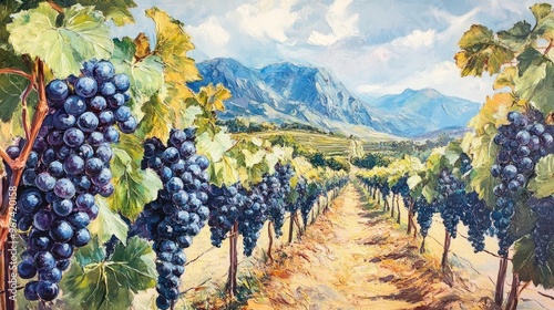 Fototapeta Naklejka Na Ścianę i Meble -  Oil painting showcasing grape clusters amid a lush vineyard highlighting the essence of grape cultivation